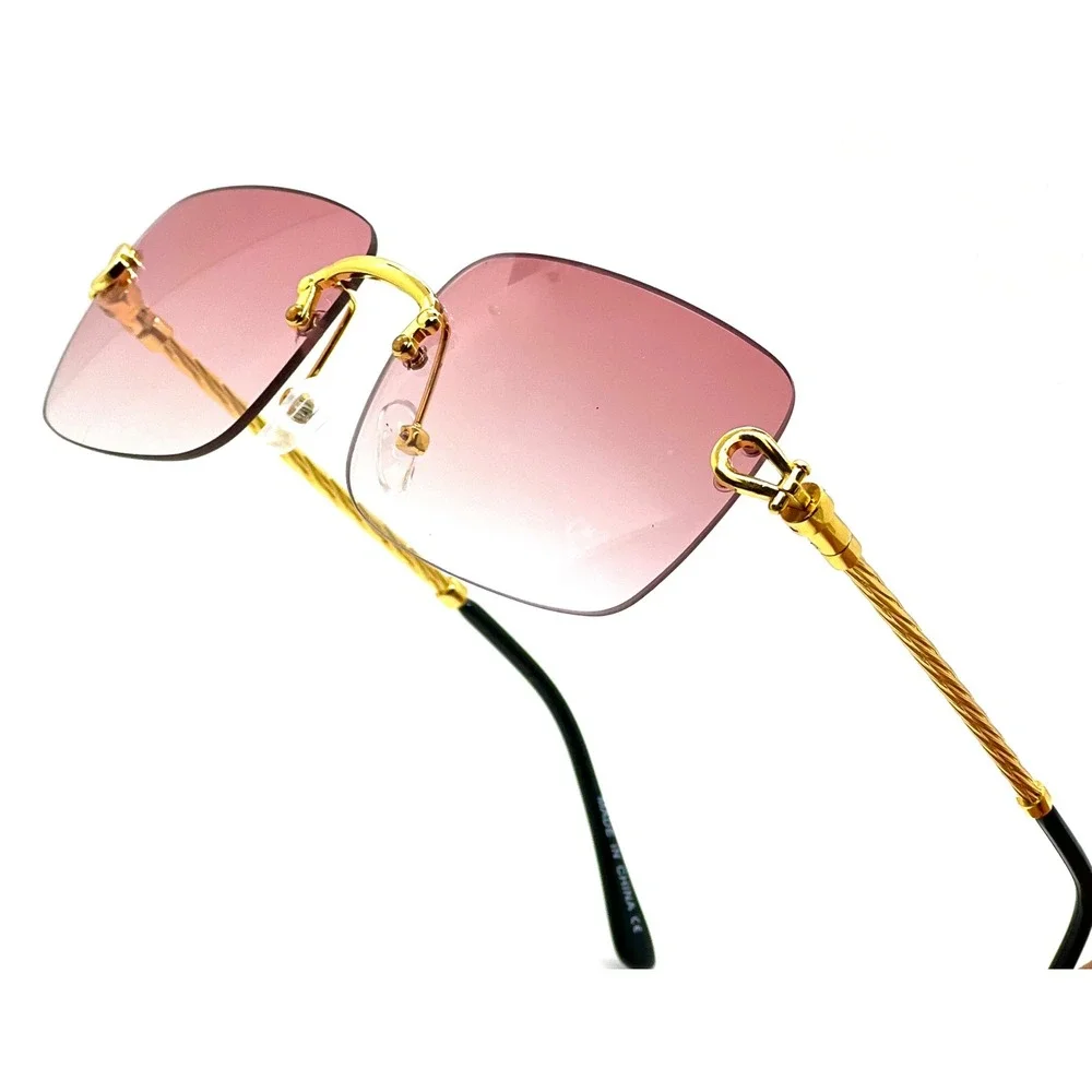 Classic Men Sunglasses Pink Lens Gold Frame Light Weight Comfortable Rimless New